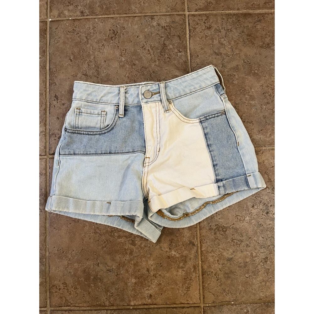 Pacsun 23 Mom Jean Shorts Cuffed Colorblock Blue White Geometric Patchwork 2.5"